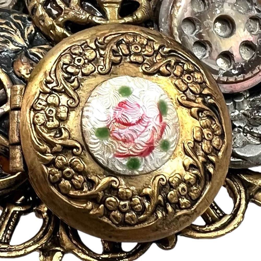 VINTAGE 3D BROOCH WITH WORKING LOCKET, HEARTS, & BUTTONS - NO PIN